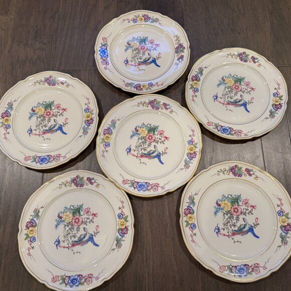 Castleton China six 6 DINNER Plates Phoenix USA Gold Flowers Scalloped Edge Rim - Picture 11 of 16